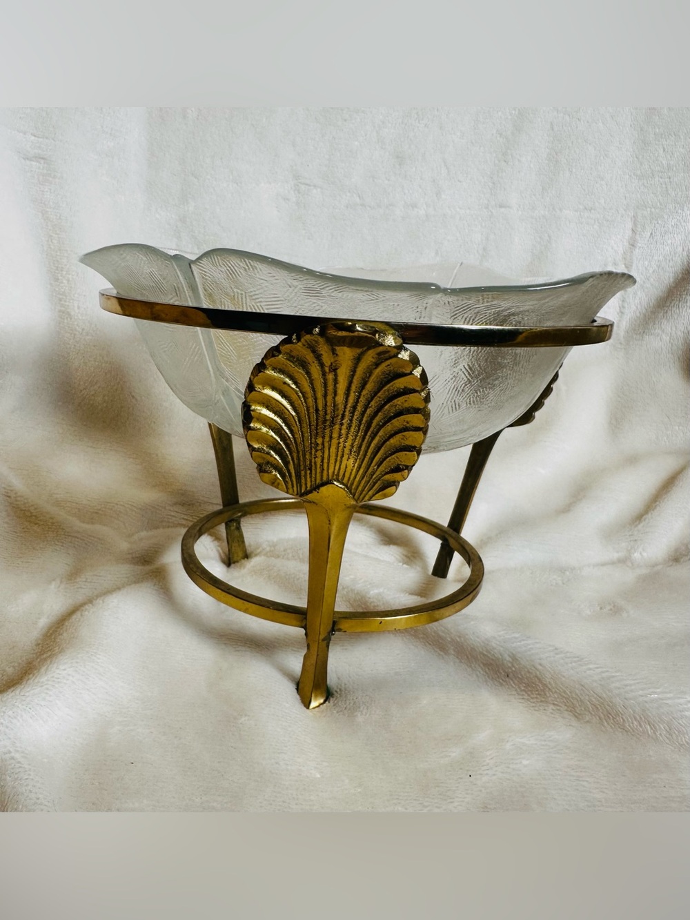 Vintage Sea Shell Patina Brass Stand w/ Bowl Hollywood Regency Style MCM Retro